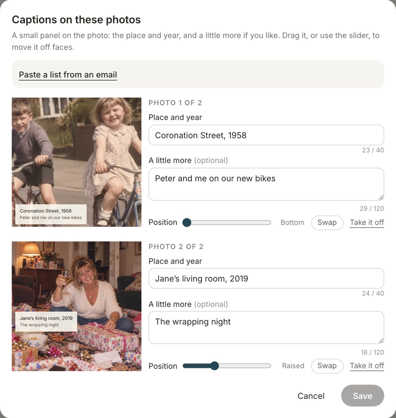 The caption window, open on two photos.