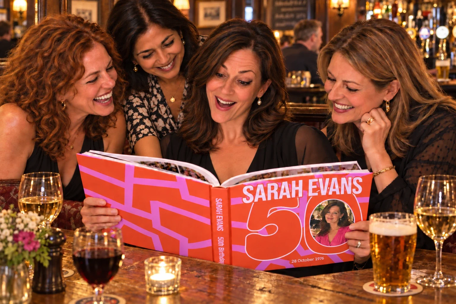 Four friends at a pub table laughing over an open orange and pink book with 50 and Sarah Evans on the cover.